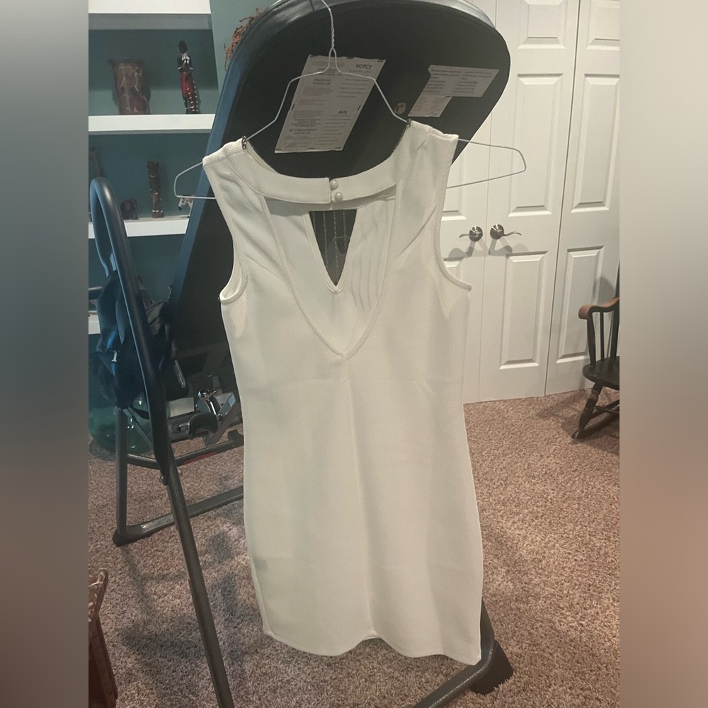 White, bedangled neck, dress